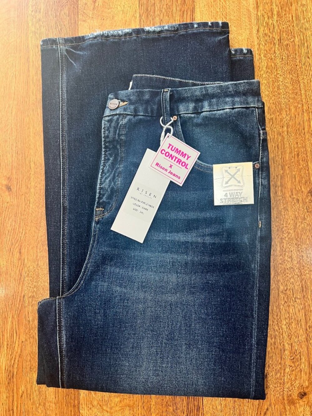 Risen Womens Dark Wash Wide-Leg Tummy Control Jeans With Frayed Hem Size 2XL - Picture 2 of 11